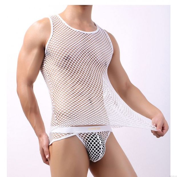 Sexy ärmelloser transparenter Fischnetz-Trikot Athletische Unterstützer Weste Tank Oberteile Hemden Sissy Herrenunterwäsche