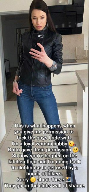 Gave wife a hall pass with her biker friends, I wind up, hogtied in my own home. She gets taken for a biker orgy.