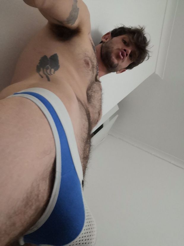 Big bulged jockstrap and hairy stud