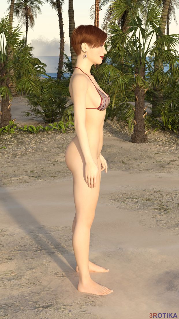 Bottomless Redhead on Beach - Profile (3DCG)