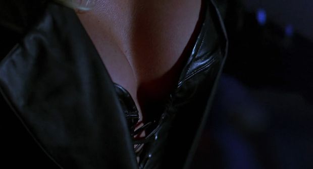 Her sweet ample bosoms in leather.