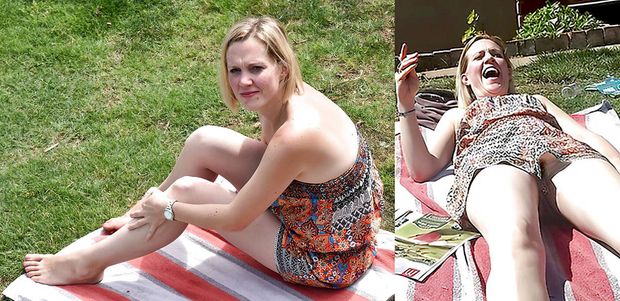 Slut Carrie flashing her hairy pussy in a UK park