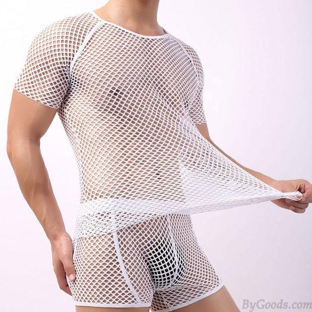 Sexy Kurzarm Hohl Transparenter sportlicher Netz-Fan Weste Tank Oberteile Hemden Fröhlich Herrenunterwäsche