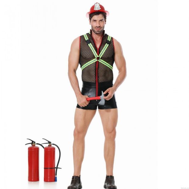 Sexy bomberos traje de cosplay red de pesca Empalme de las tapas del chaleco cuero de imitación calzoncillos leotardo Body Mono Lucha de los hombres Lencería