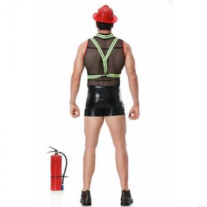 Sexy pompiers Cosplay Costume résille gilet hauts épissure Faux cuir caleçon justaucorps combinaison combinaison lutte hommes Lingerie