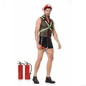 Sexy Feuerwehrmänner Cosplay Kostüm Fischnetz Weste Tops Splice Kunstleder Unterhose Trikot Body Overall Wrestling Herrenunterwäsche