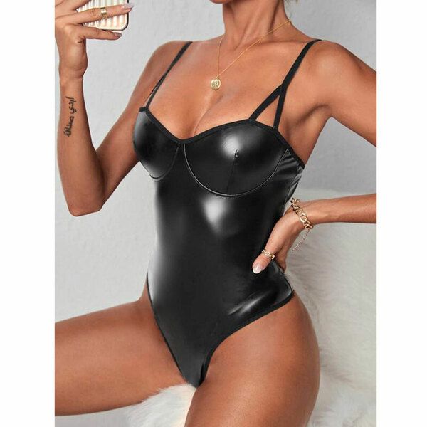 Sexy Faux Leather Corset Leotard Jumpsuit Women's Tights Bodysuit