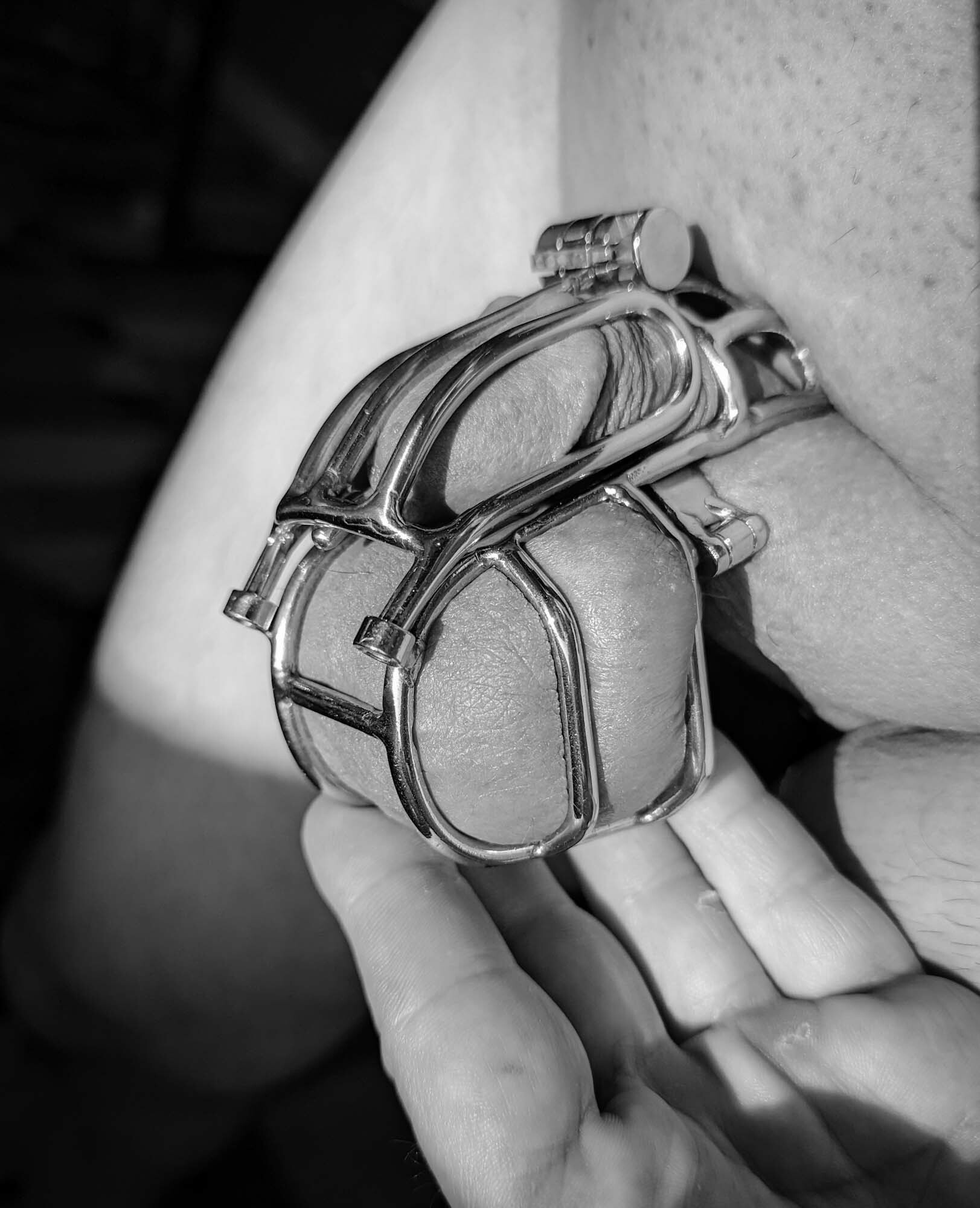 mistress will keep your balls in there until they're full, purple and bulging through the bars...
