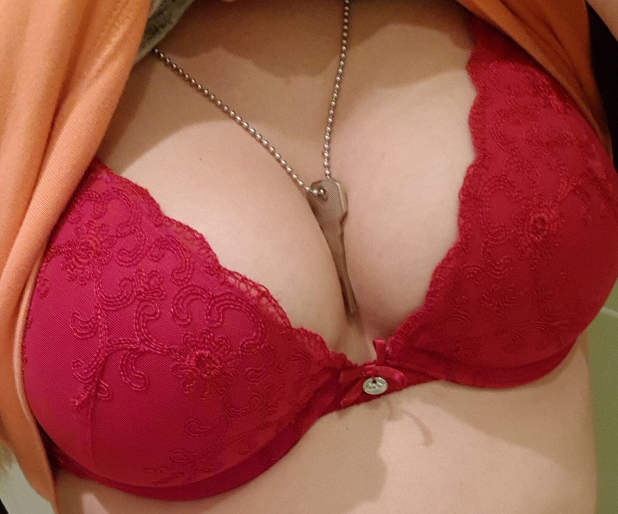 Perfect place for her key. He’ll never stop thinking of the red-clad breasts, or the key between them .