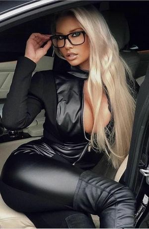 Pretty blonde with glasses black leather/latex...