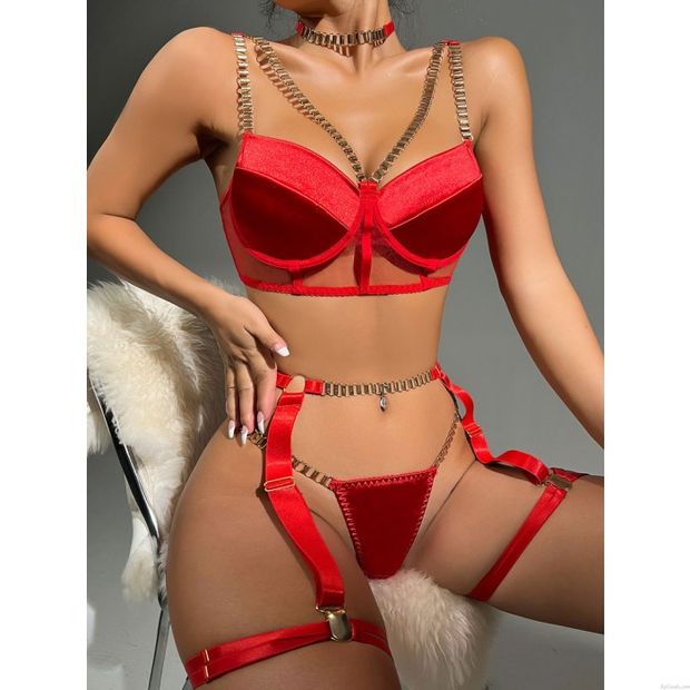 Gargantilla de cadena sexy Ropa interior Sujetador de malla Panty Liguero Conjunto de 3 piezas Travieso De las mujeres Lencería