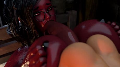 A futanari demoness with a huge cock fucks herself in the mouth