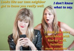 Daughter gets photo of mother giving blowjob to teen neighbor. Enjoys having the dirt on mom and takes pleasure in rubbing her nose in it.