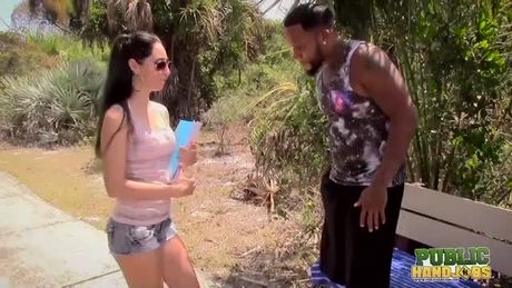 Public Handjobs Rachel Rose Strokes Black Cock in the Park