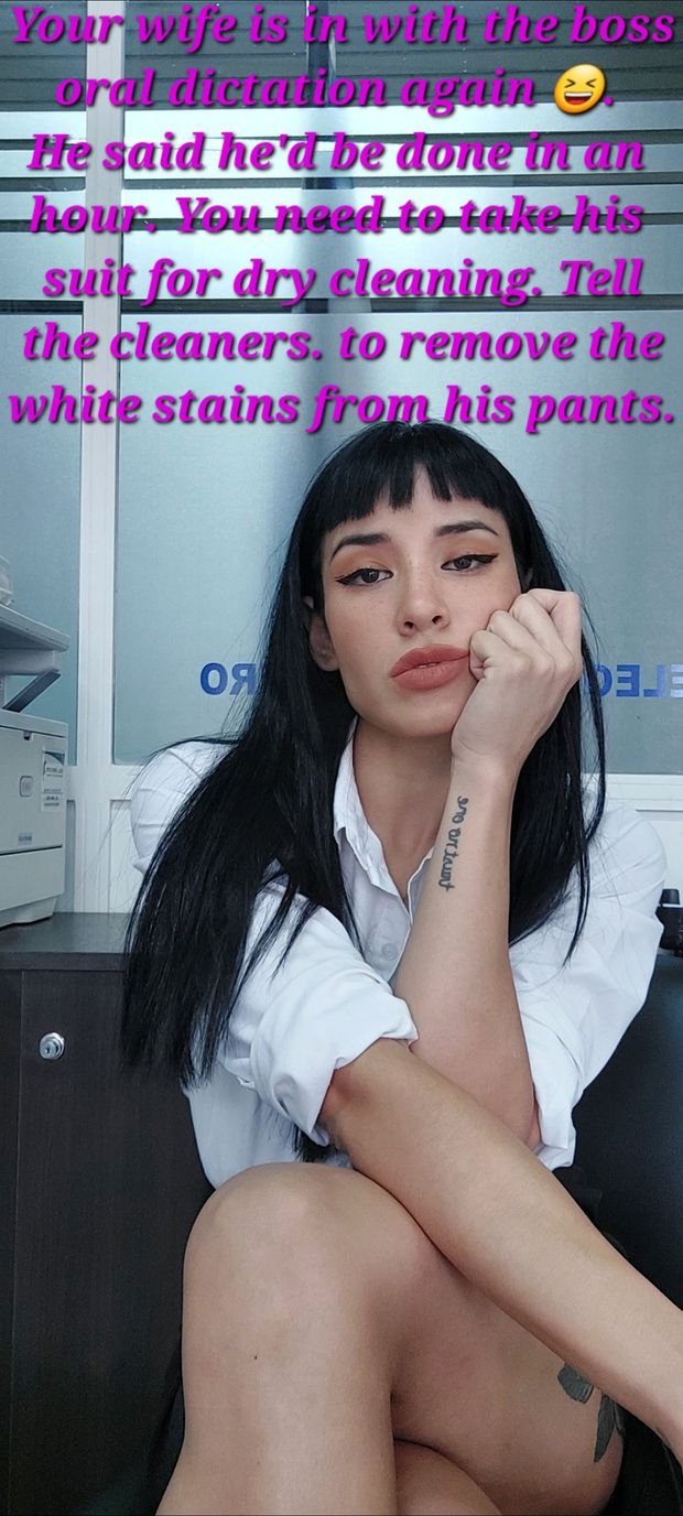 Wife comes to visit cuckolds boss at work. Secretary making it obvious as she rubs it in. Cuckold sent out with bosses cumstained suits.