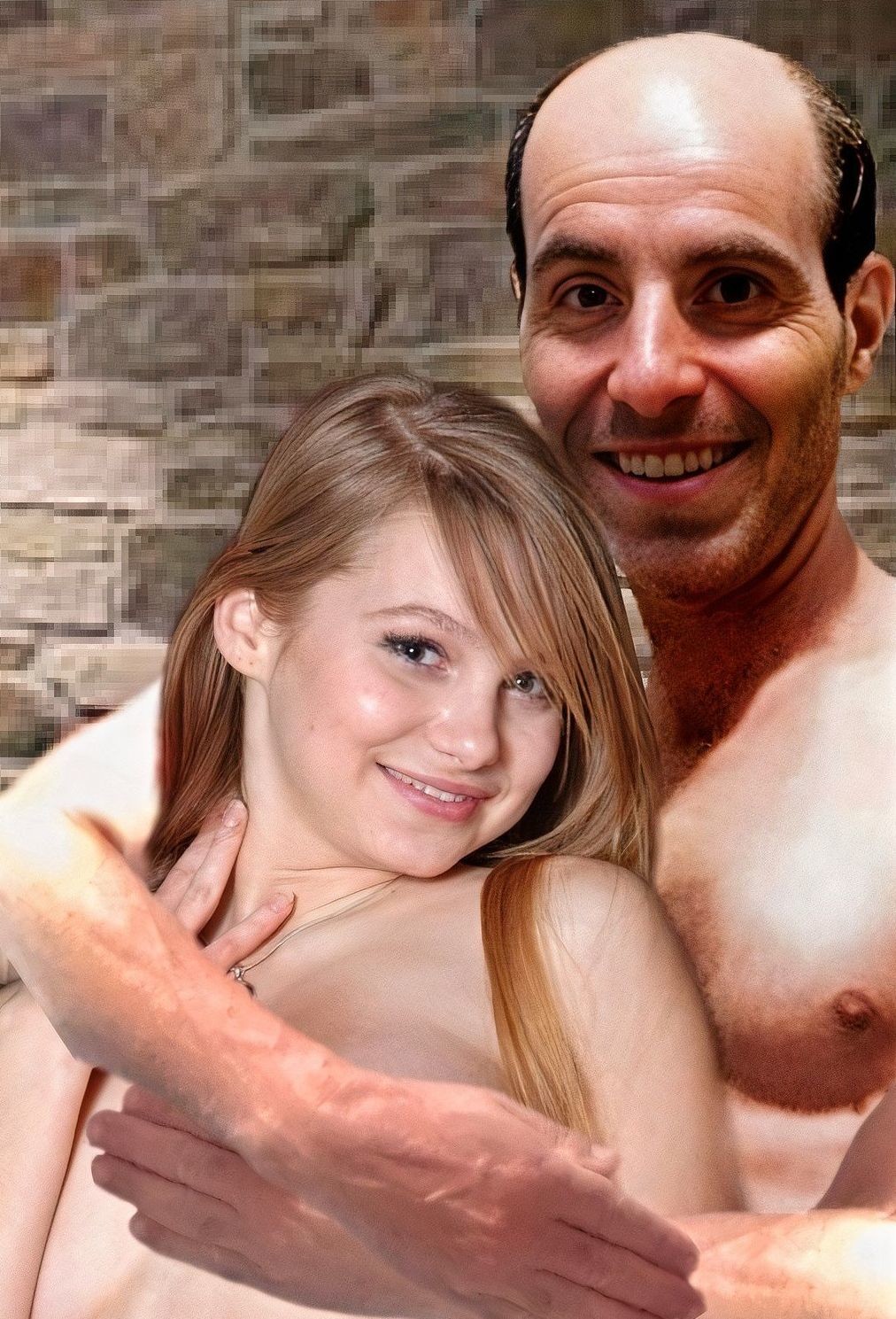 Big man cuddling a chick in a bathroom