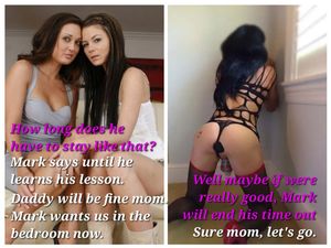 Bully has you in chastity and dressed up to teach you a lesson, while he takes wife and daughter to bed. Better hope they do well.