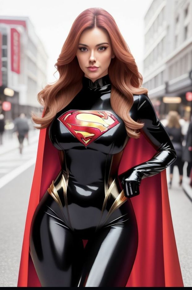 Pretty red head black latex Supergirl cosplay...