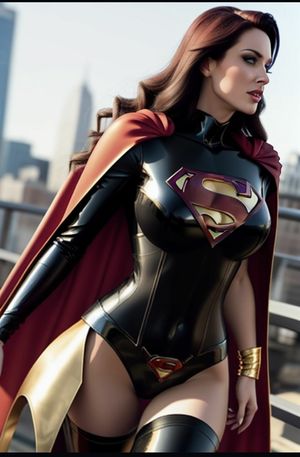 Pretty brunette black leather Superwoman cosplay...