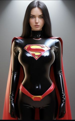 Pretty brunette black latex Supergirl cosplay...