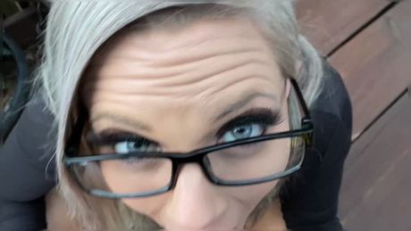 Dawn takes it outside and gets a face full of cum.