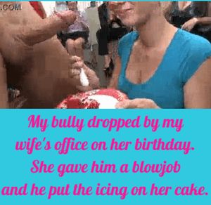 Bully stops in my wife's office on her birthday. He gets her to give him a blowjob and frosts her cake with cum. The office staff love it.