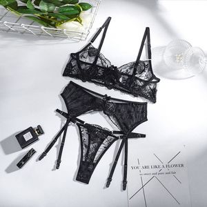 Bretelles à fleurs en maille transparente brodée de fleurs sexy Sous-vêtements Soutien-gorge à armatures Culotte Porte-jarretelles Ensemble 3 pièces Femmes coquines Lingerie
