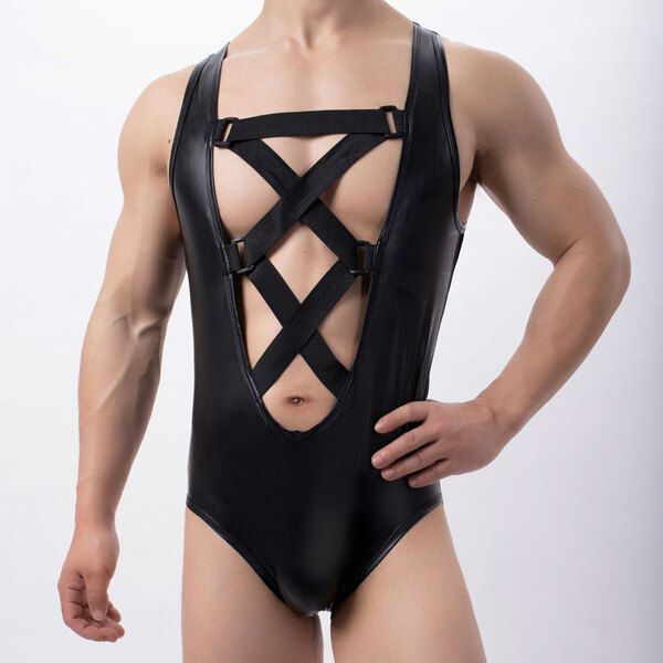 Sexy Faux Leather Side Mesh Splice Criss Cross Leotard Jumpsuit