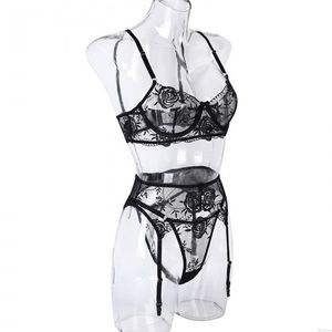 Sexy Ropa interior de tiras de flores de malla transparente con bordado floral Sujetador con aros Bragas Liguero 3 piezas Travieso De las mujeres Lencería