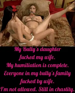 My bully's daughter fucks my wife for fun. I'm still in chastity, his whole family has fucked my wife.