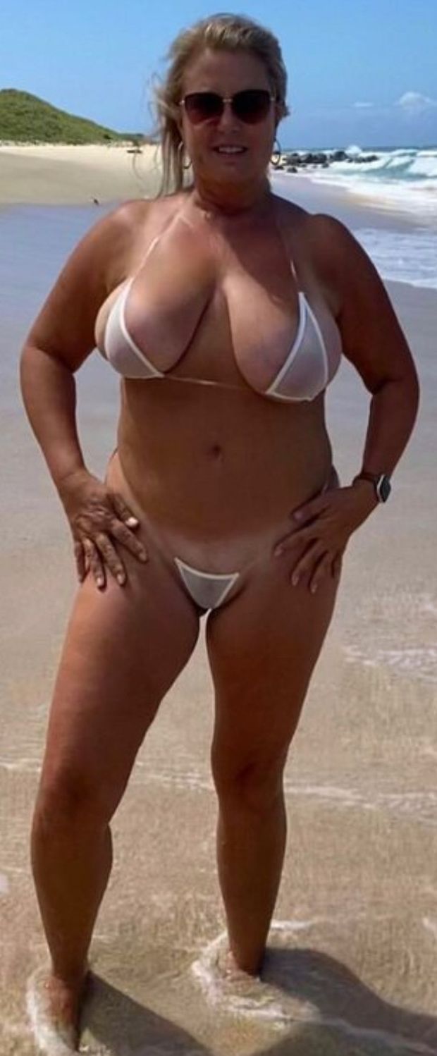 gorgeous mature curvy body in sheer tiny bikini