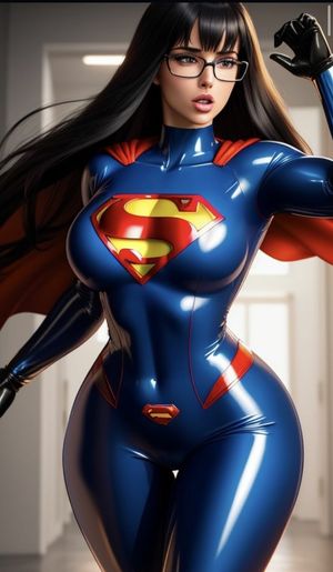 Pretty brunette blue latex Supergirl cosplay...
