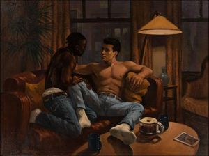 Deni Ponty - Lovers on a Sofa, 1992. An illustration for The New Joy of Gay Sex by Dr. Charles Silverstein and Felice Picano.
