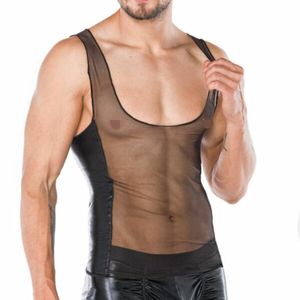 Sexy Thin Transparent Mesh Splice Faux Leather Sleeveless Muscle Workout Men's Lingerie