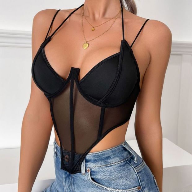 Sexy Sheer Mesh Vest Bralette For Women Lingerie Halter Racerback Crop Cami Top Underwire Shapewear Bra Corset Camisoles