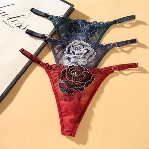 Sexy flor rosa Calzoncillos cachondos con bordado de malla De las mujeres Ropa interior Erótico Bragas Correa espalda en T Lencería Escarpado Calzoncillos