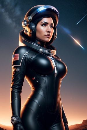 Busty indigenous space explorer in black, helmet off, gaze towards stars