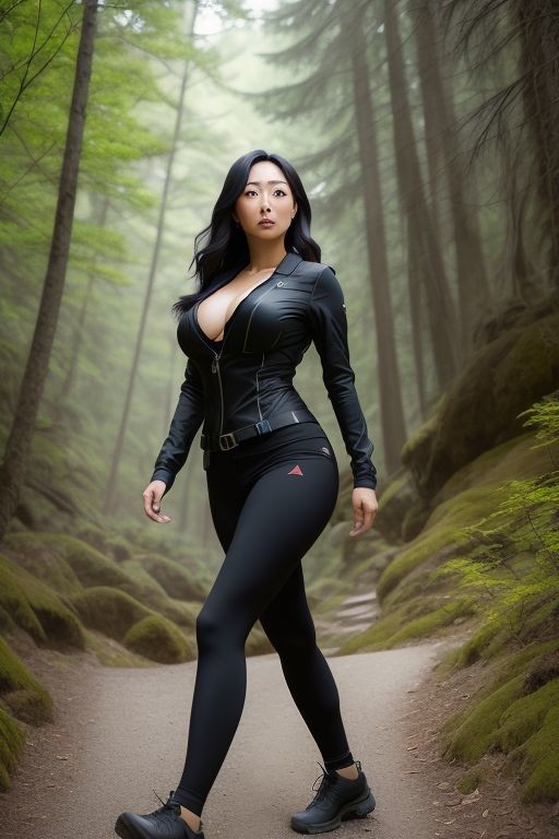 Busty adventurous japanese soul in black on a hiking trail, wilderness backdrop, triumphant