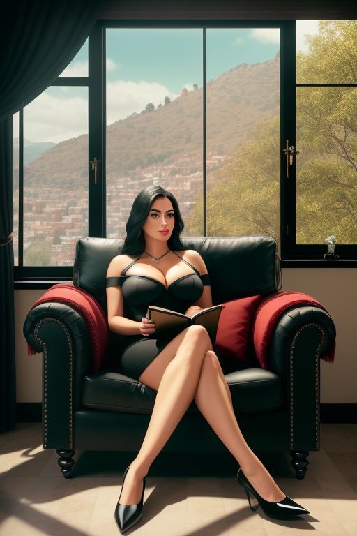 Busty latina lady in black, armchair, reading, window view
