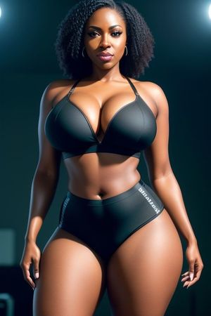 Busty curvy ebony, athletic, black short shorts