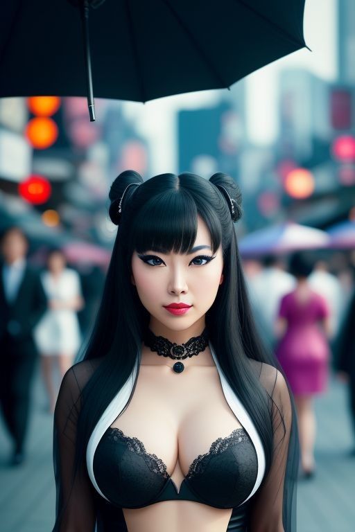 Busty japanese spirited illusionist in black entrancing her audience with impossible feats on a busy boardwalk, close-up portrait