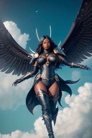 Busty ebony celestial sky-knight in black soaring through the clouds racing atop an enormous falcon, portrait