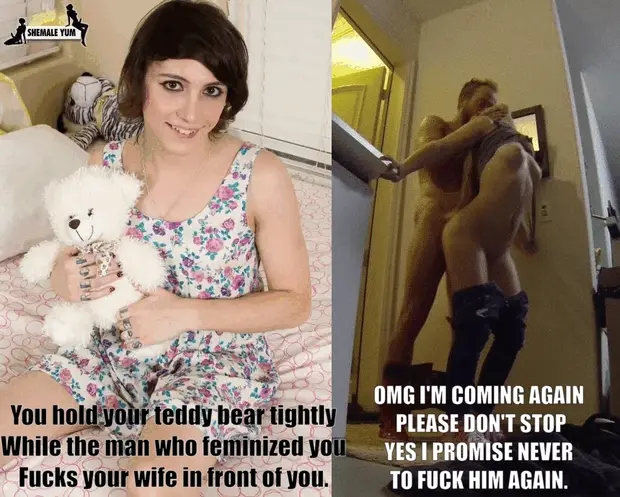 Your bully feminized you, took your masculinity & ur wife. You sit clutching a teddy bear as he clutches ur wife & buries his cock into her.