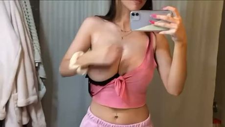 Brunette shows her huge tits