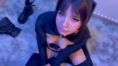 The sexy brunette is taking cum on face