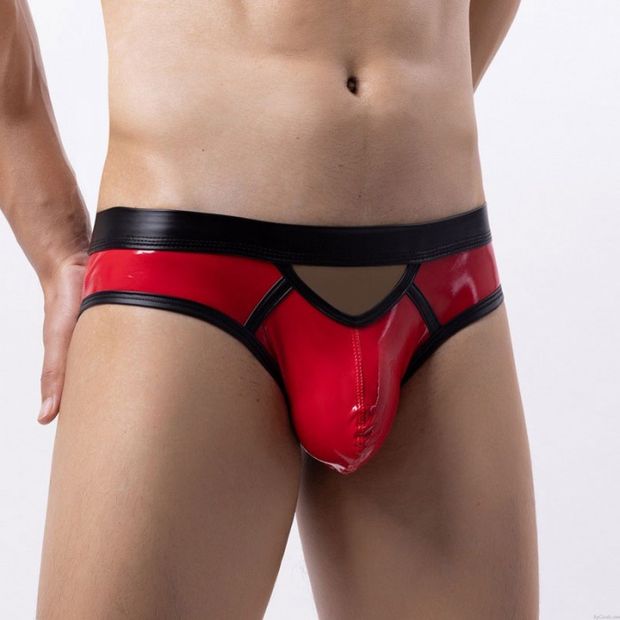 Sexy Lackleder-Bikinis mit Ausbuchtungsbeutel und Tanga Unterhose Unterhose Hohl Strecken Herren Unterwäsche