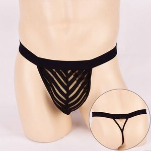 Sexy Tanga con bolsa abultada y tanga a rayas de malla transparente Ropa interior bragas Hueco Estirar Lencería de hombre Calzoncillos